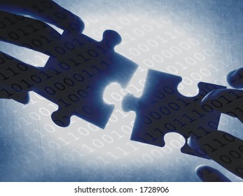 Hands Trying To Fit Two Puzzle Pieces Together, On A Binary Code Background