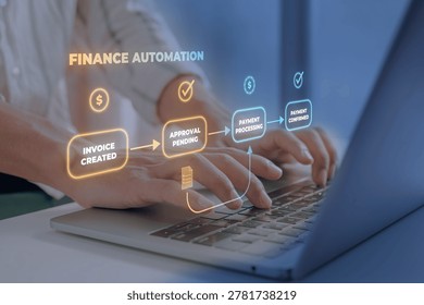 Hands type on a laptop while a glowing Finance Automation workflow floats above showing a four-stage invoice and payment pipeline with labeled nodes Invoice Created, Approval Pending, Payment Processing, and Payment Confirmed with dollar sign and checkmark icons in orange and cyan, representing financial process automation and accounts payable workflow.