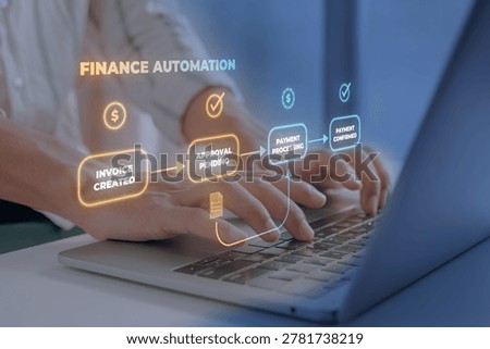 Hands type on a laptop while a glowing Finance Automation workflow floats above showing a four-stage invoice and payment pipeline with labeled nodes Invoice Created, Approval Pending, Payment Processing, and Payment Confirmed with dollar sign and checkmark icons in orange and cyan, representing financial process automation and accounts payable workflow.