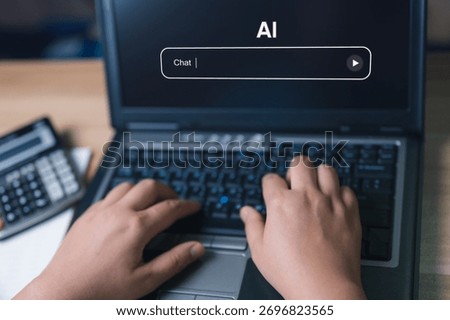 Hands typing in an AI interface on laptop with modern workspace, Technology and artificial intelligence for communication