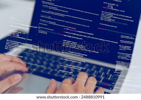 Hands typing code on a laptop, showcasing a software developer at work. Represents process of programming and software development. Ideal for tech blogs, coding tutorials, and IT training materials.
