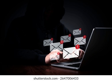 Hands typing computer laptop alert email Red warning icons, digital interface Digital Communication Phishing Attack Online Scam Cyber Threat. Concept hacker cybersecurity data theft