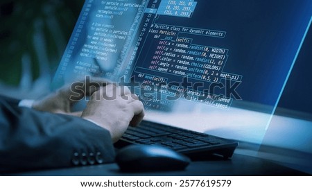 Hands typing with fictional code displayed on a virtual interface, illustrating dynamic digital workspace focused on creative and technical innovation. Concept of IT solutions, applications. Ad