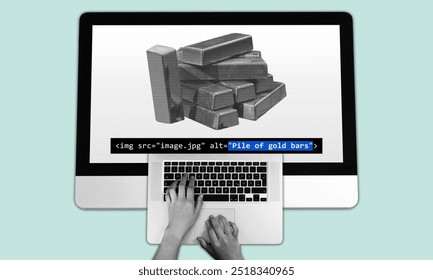 Hands typing HTML alt text on a laptop with a screen displaying pile of gold bars. SEO optimization for digital marketing strategy collage illustration concept.