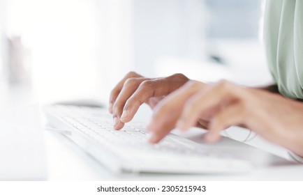 Hands, typing and keyboard with computer, woman and planning with creativity for content creator job. Female, digital entrepreneur and writing with pc, desktop and creative for social media manager