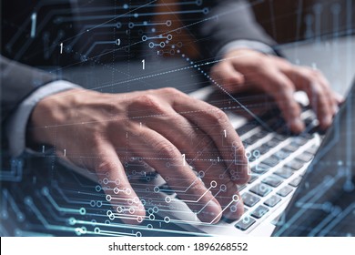 Hands typing the keyboard to create innovative software to change the world and provide a completely new service. Close up shot. Hologram tech graphs. Concept of Dev team. Formal wear. - Shutterstock ID 1896268552
