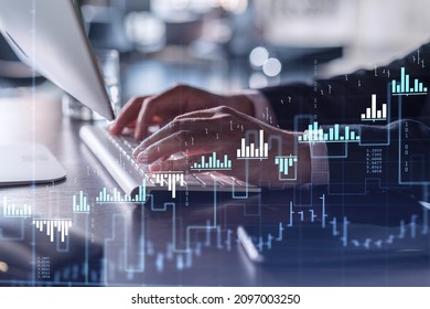 Hands typing the keyboard to research stock market to proceed right investment solutions. Internet trading and wealth management concept. Formal wear. Hologram Forex chart over close up shot.