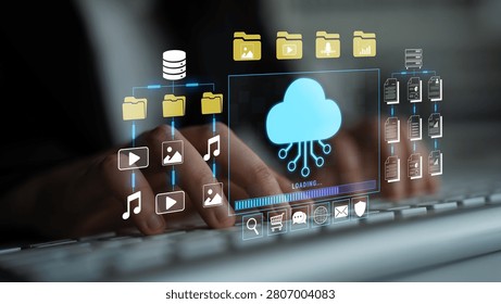 Hands typing on a keyboard with cloud technology interface for data management and storage, digital file organization, and online access representation