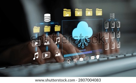 Hands typing on a keyboard with cloud technology interface for data management and storage, digital file organization, and online access representation