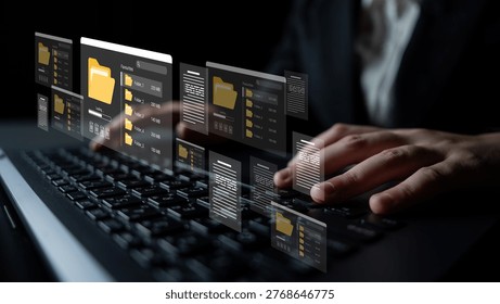Hands typing on a keyboard create a digital file management concept with floating folder icons and documents, showcasing modern technology in a business environment. Ledger