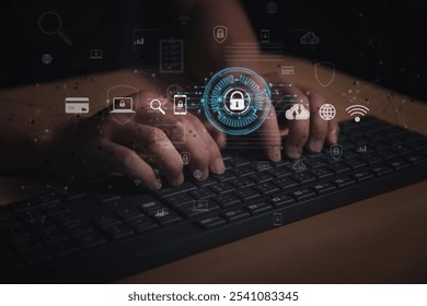 Hands typing on keyboard with cybersecurity icons overlay. Digital protection, data privacy, and secure communication concept in a modern technological environment.
