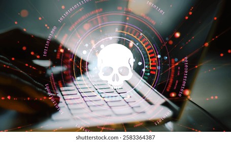 Hands typing on keyboard with digital skull and binary code overlay on dark background, representing cyber threats, hacking, and security risks