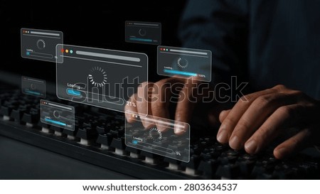 Hands Typing on Keyboard with Multiple Loading Screens, Digital Interface, Technology in Action, Futuristic Concept of Data Processing and Network Connection Gluon.