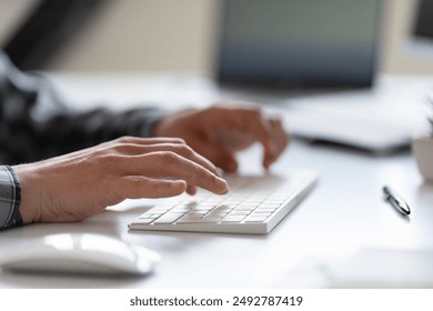 Hands Typing On Keyboard In Office Setting, Focused Work Environment, Digital Workspace