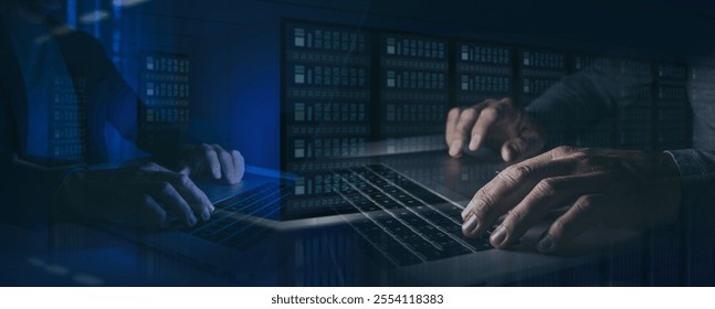 Hands typing on keyboard. Programming online database. Data processing center, cloud sharing concept