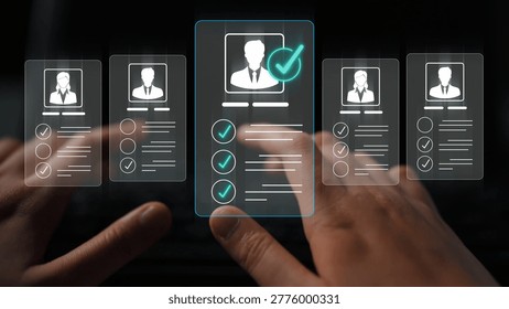 Hands Typing on Keyboard with Virtual Candidate Profiles Displayed for Evaluation in Digital Employment Screening Process Sigmoid