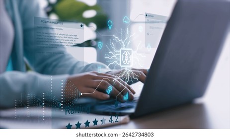 Hands typing on laptop with AI digital interface overlay, symbolizing artificial intelligence integration, big data analytics, and smart technology in daily work and personal life.