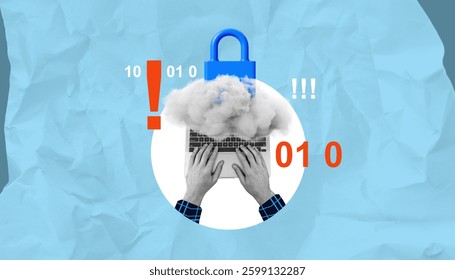 Hands typing on a laptop with a blue padlock and cloud above it, representing cloud security and data protection. Abstract digital background with binary code symbols