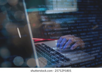 Hands typing on a laptop with code overlay. Coding and programming on a laptop. Technology and code on a laptop screen. Programmer or hacker working on computer system.