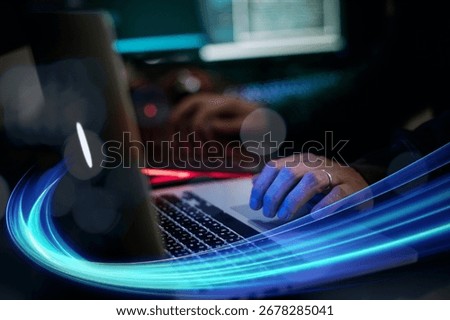 Hands typing on a laptop, coding, technology focus. Coding, technology, and laptop use in a digital workspace. Coding and tech. Innovative technology, high-tech technology concept.