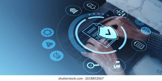 Hands typing on laptop with cybersecurity shield, digital interface icons, and data protection theme on a gradient blue background - Powered by Shutterstock - Get 15% off with code: PIKWIZARD15