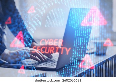 Hands typing on laptop with digital cybersecurity symbols, binary code, and warning icons in neon blue and red on a blurred background