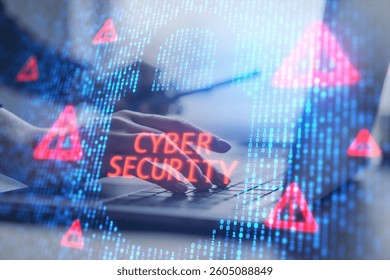 Hands typing on a laptop with digital binary code, cybersecurity warning symbols, and glowing blue and red elements, representing cyber threats - Powered by Shutterstock - Get 15% off with code: PIKWIZARD15