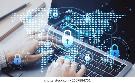 Hands typing on laptop with digital padlocks and world map overlay, light tech style on dark background, concept of cybersecurity and data protection