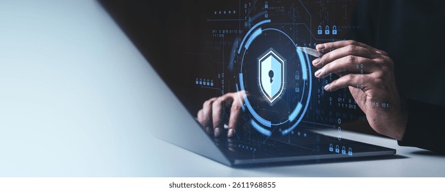 Hands typing on laptop with digital padlock symbol and binary code overlay, futuristic style on dark background, concept of data security
