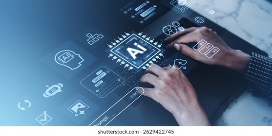 Hands typing on laptop with digital AI interface, futuristic graphic style, blue gradient background. Concept of artificial intelligence and innovation