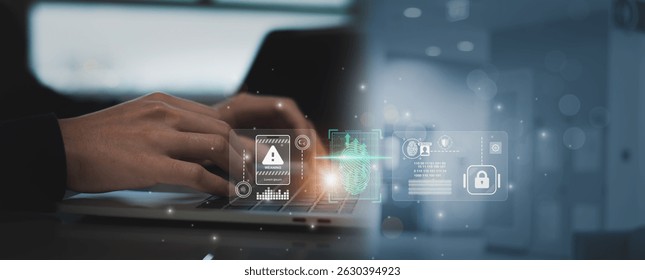 Hands typing on laptop with fingerprint scan and cybersecurity overlay, showing biometric access, AI face recognition, encrypted data protection for secure banking and tech infrastructure