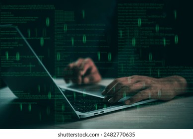 Hands typing on a laptop with floating code, representing coding and cybersecurity. Dark background highlights technology and information security. Perfect for programming, hacking, and digital