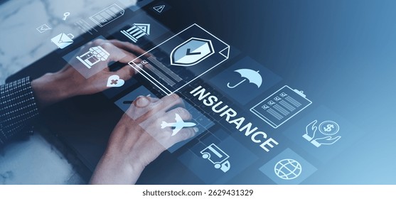 Hands typing on laptop with floating translucent insurance icons in modern digital style on blue gradient background, symbolizing online protection services