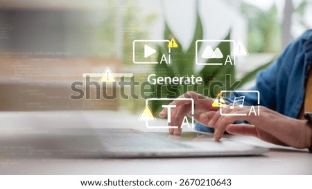 Hands typing on laptop with generative AI content icons showing error warning. Concept of artificial intelligence risk, digital technology, cyber security, content creation error, and future AI issues