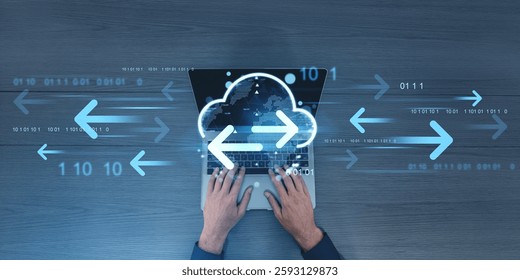 Hands typing on a laptop with a glowing cloud icon and arrows indicating data transfer. Digital elements and binary code illustrate online storage and network system