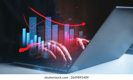 Hands typing on laptop with glowing financial bar graphs and red trend lines overlayed, concept of business analytics and data analysis in finance - Powered by Shutterstock - Get 15% off with code: PIKWIZARD15