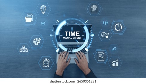 Hands typing on laptop with glowing time management interface and blue icons on wooden background, representing productivity and organization concept