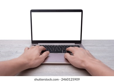 Hands typing on laptop with isolated screen for mockup, web page presentation. Modern workspace concept with blank digital interface - Powered by Shutterstock