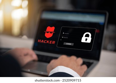 Hands typing on laptop keyboard with hacker icon and login screen, representing cybersecurity threats, hacking, and digital security.