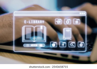 Hands typing on a laptop keyboard with a virtual e-library interface overlay. Neon-style icons and book symbol. Concept of online learning - Powered by Shutterstock