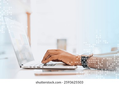 Hands typing on a laptop keyboard, digital overlay. Laptop use, typing, and digital technology. Close-up of hands, technology focus, digital workspace. Business and technology image. - Powered by Shutterstock - Get 15% off with code: PIKWIZARD15
