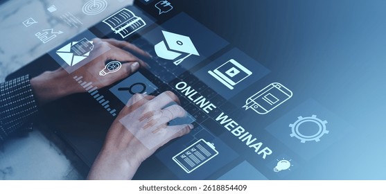 Hands typing on laptop keyboard with floating online webinar icons, digital interface style, on gradient blue background, concept of e-learning