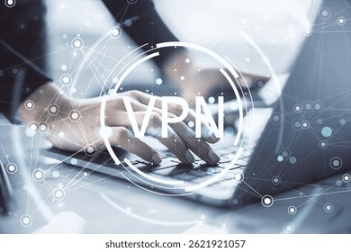 Hands typing on laptop keyboard, digital network connections overlay, light abstract background, concept of VPN security in business - Powered by Shutterstock - Get 15% off with code: PIKWIZARD15