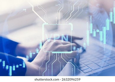 Hands typing on laptop keyboard with VPN text and digital circuit overlay, holographic style on light background, concept of cybersecurity