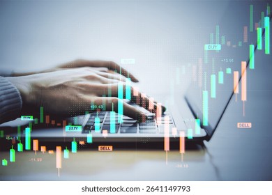 Hands typing on laptop keyboard with stock market chart overlay, on blurred background. Concept of forex, trading, digital financial analysis