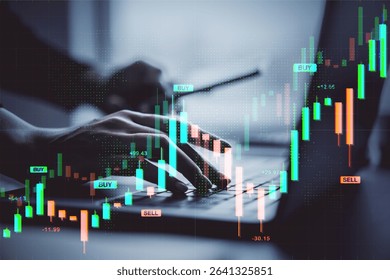Hands typing on laptop keyboard with candlestick forex chart overlay, digital light style, blurred office background, concept of trading analysis