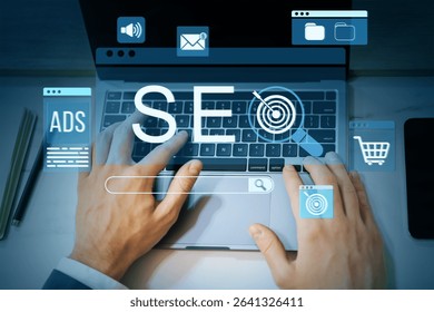 Hands typing on laptop keyboard with SEO and digital marketing icons overlayed on a blurred background, representing online business strategy