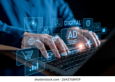 Hands typing on a laptop keyboard with digital marketing icons overlay, AI advertising strategy, online promotion tools, e-commerce, and content targeting for digital business and analytics