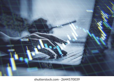 Hands typing on laptop keyboard with financial graphs and forex chart overlays on blurred background, symbolizing digital market trading concept