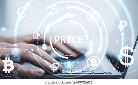 Hands typing on laptop keyboard with glowing currency and financial symbols overlay on light abstract background, symbolizing fintech and forex trading